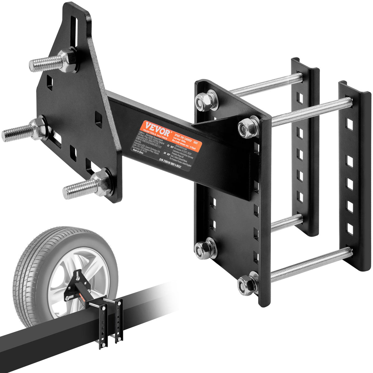 Trailer Spare Tire Carrier Mount, 160 lbs Capacity, Steel Spare Tire Holder for Utility & Marine Trailers, Fits 4/5/6/8-Lug Wheels, No-Drill Install, Galvanized Hardware Included