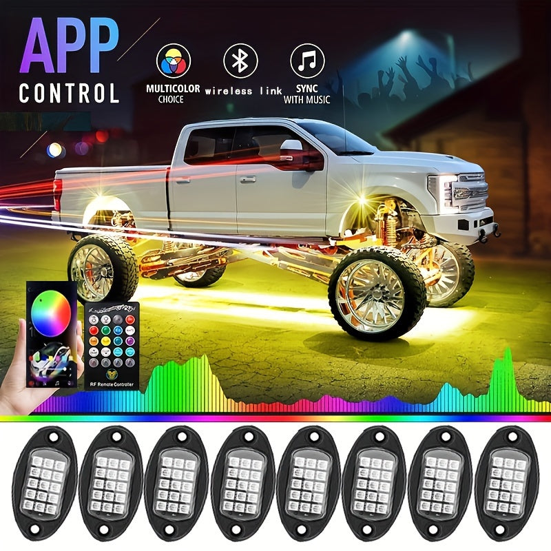 RGB LED Rock Lights 8pc or 4pc | 15 LED Per Pod App & Music Mode Underglow Kit for Trucks Jeeps UTVs SUVs Golf Carts 12V