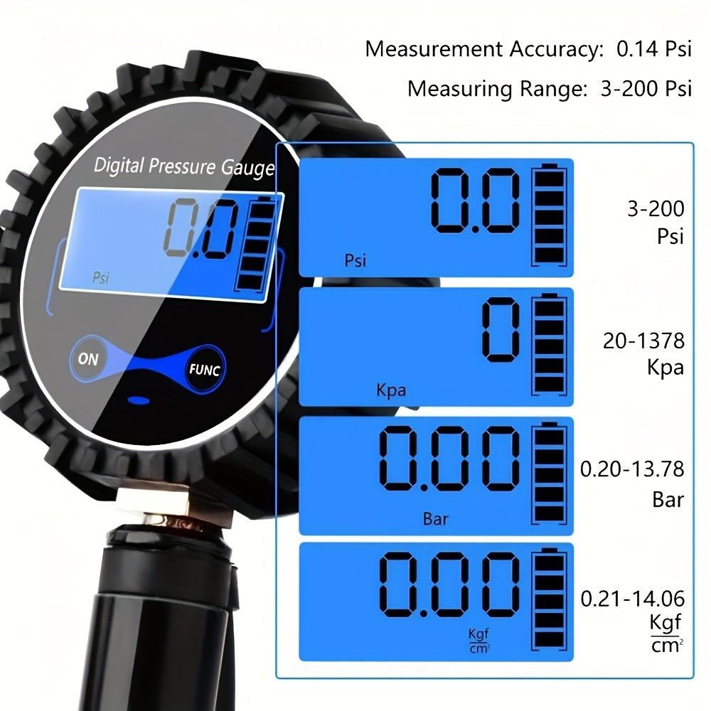 Digital Tire Pressure Gauge Inflator 0-200 PSI LCD Backlight Pistol Grip Aluminum Alloy for Car Truck Motorcycle Bike with 3 Connectors