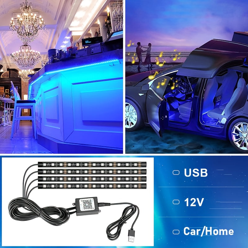 LED Car Interior Lights Music Sync – 4pcs USB RGB Underglow Ambient Lighting Kit with App & Remote Control