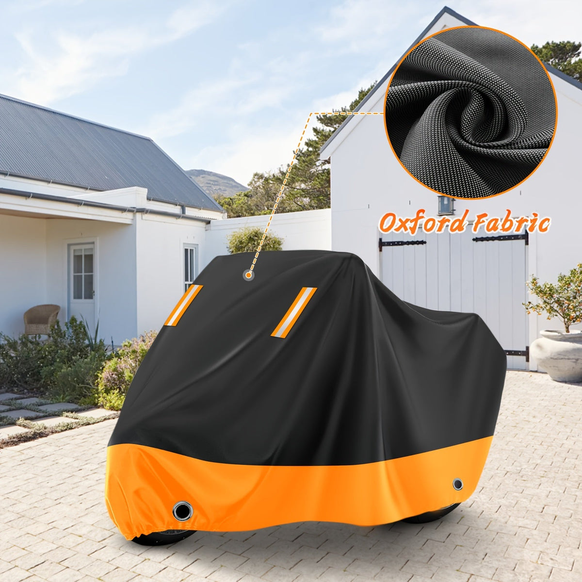 Motorcycle Cover Waterproof 210D Oxford Cloth - All-Weather UV & Dust Protection, Reflective Strips, Fits Harley Honda Suzuki & More, Black Orange, M XL XXL XXXL