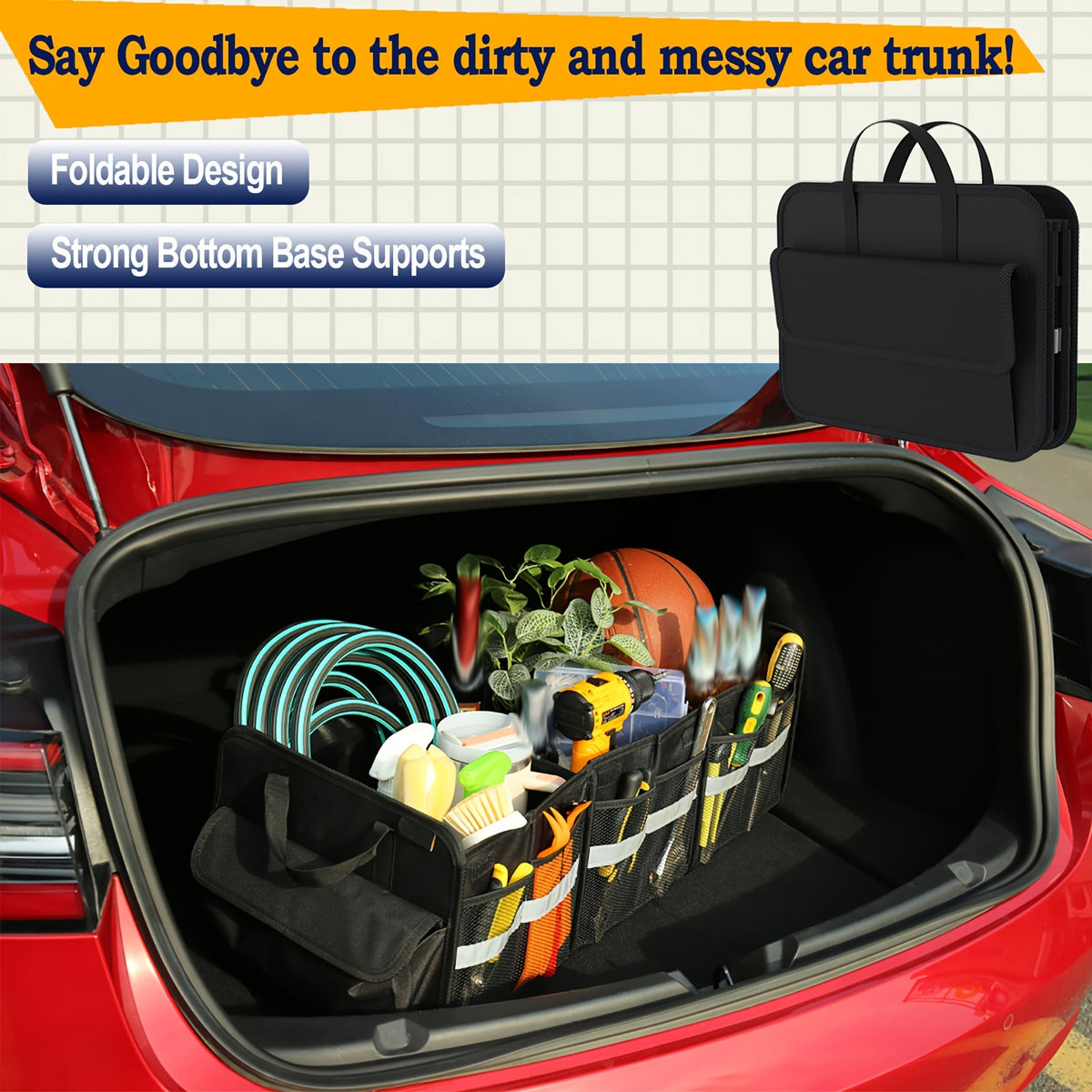 Car Trunk Organizer for SUV – Collapsible Large Cargo Storage Box with Non-Slip Bottom & Multi-Compartment