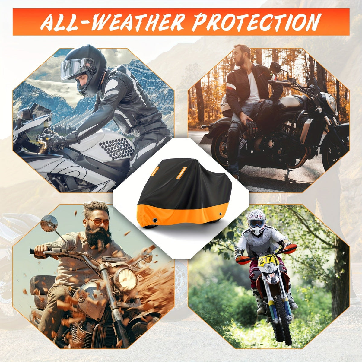 Motorcycle Cover Waterproof 210D Oxford Cloth - All-Weather UV & Dust Protection, Reflective Strips, Fits Harley Honda Suzuki & More, Black Orange, M XL XXL XXXL