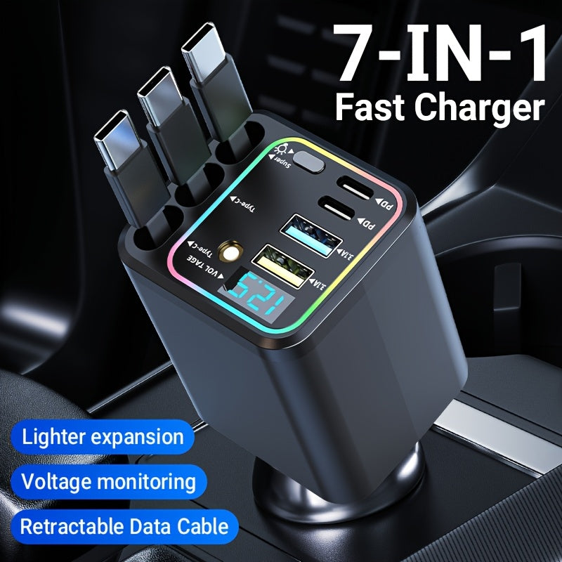7-in-1 Car Fast Charger – 3 Retractable Cables, LED Digital Display, 180° Adjustable, USB Fast Charging for iPhone, Android & Type-C