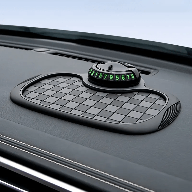 Non-Slip Car Dashboard Pad with 360° Rotating Phone Holder & Parking License Plate – Anti-Slip PVC Grip Mat, Ergonomic Oval Design