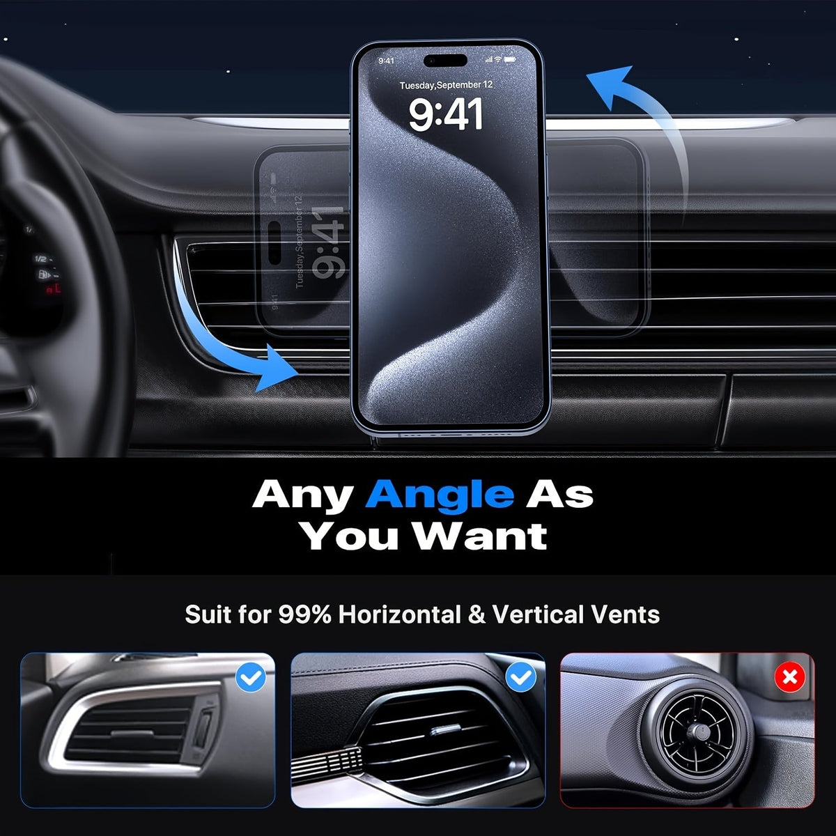 Miracase Magnetic Wireless Car Charger Mount 15W Fast Charging – 360° Rotation Air Vent Phone Holder for iPhone 16 15 14 13 12