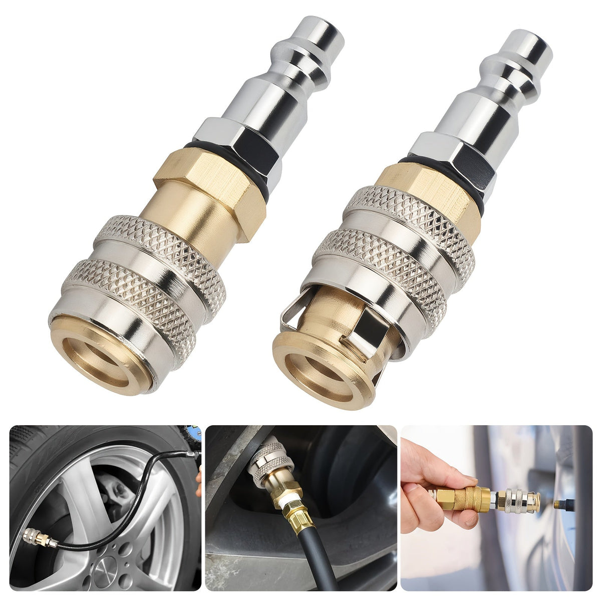 Brass Tire Valve Adapter 2Pc – Closed Flow Quick-Connect, 1/4" NPT Female Thread, 250 PSI, Fits Car Truck Bicycle Air Compressor Inflator
