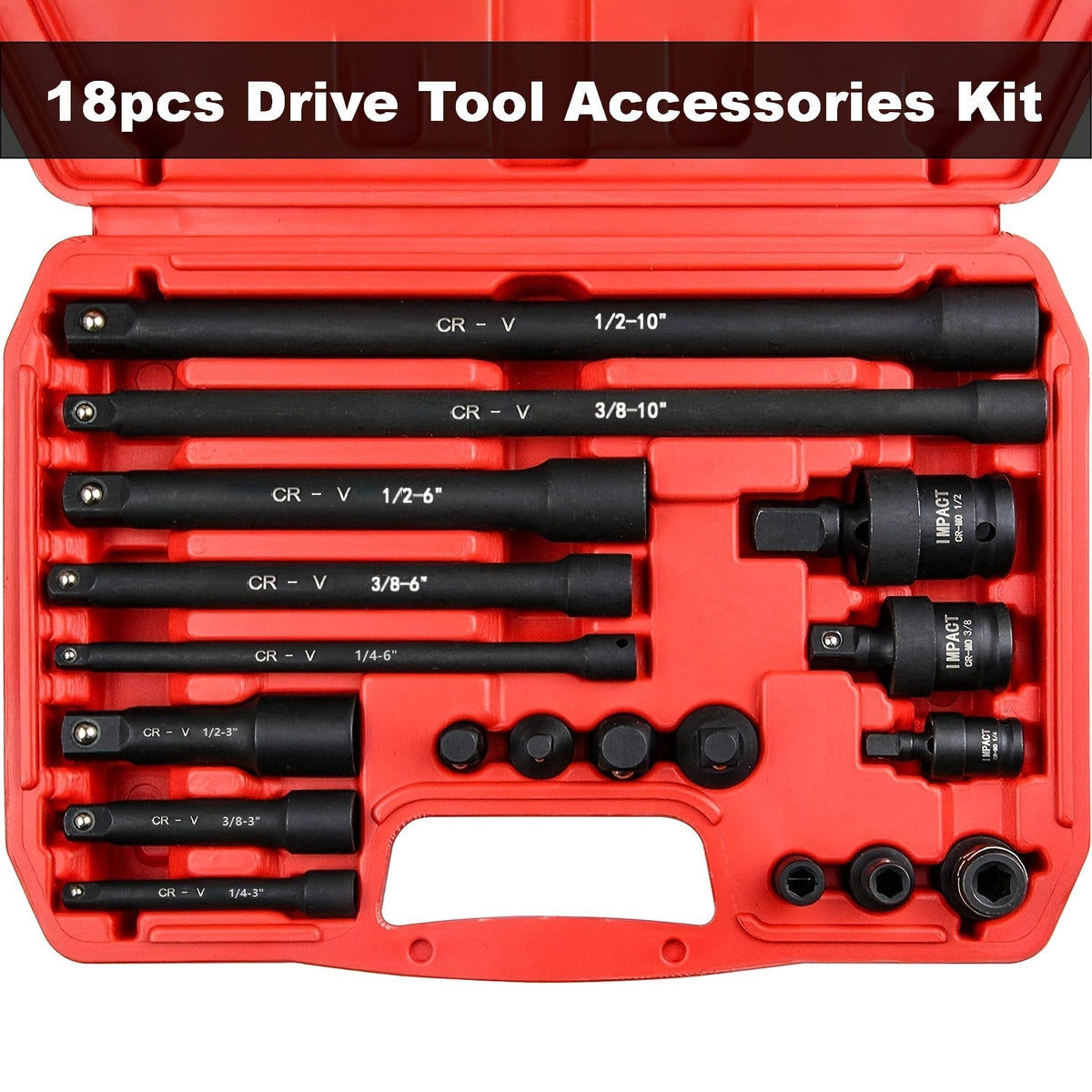 Drive Socket Accessory Kit 18-Piece Socket Adapters Extension Bars Universal Joints Impact Couplers for 1/4 3/8 1/2 Drive Ratchet Wrench Set