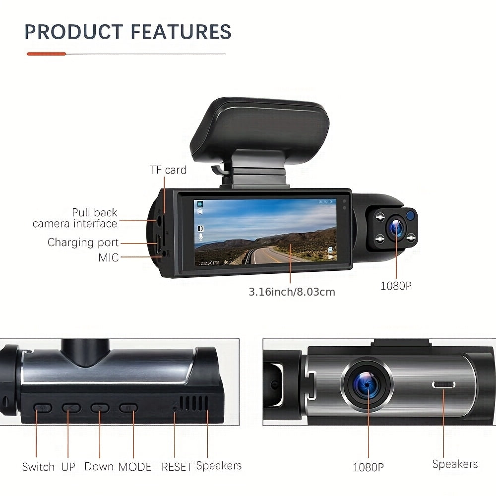 1080P Dual Dash Cam Front and Inside Car Camera, IR Night Vision Loop Recording, Wide Angle Dual Lens Dashboard DVR, Optional 32GB/64GB Card, 2" or 3.16" Screen