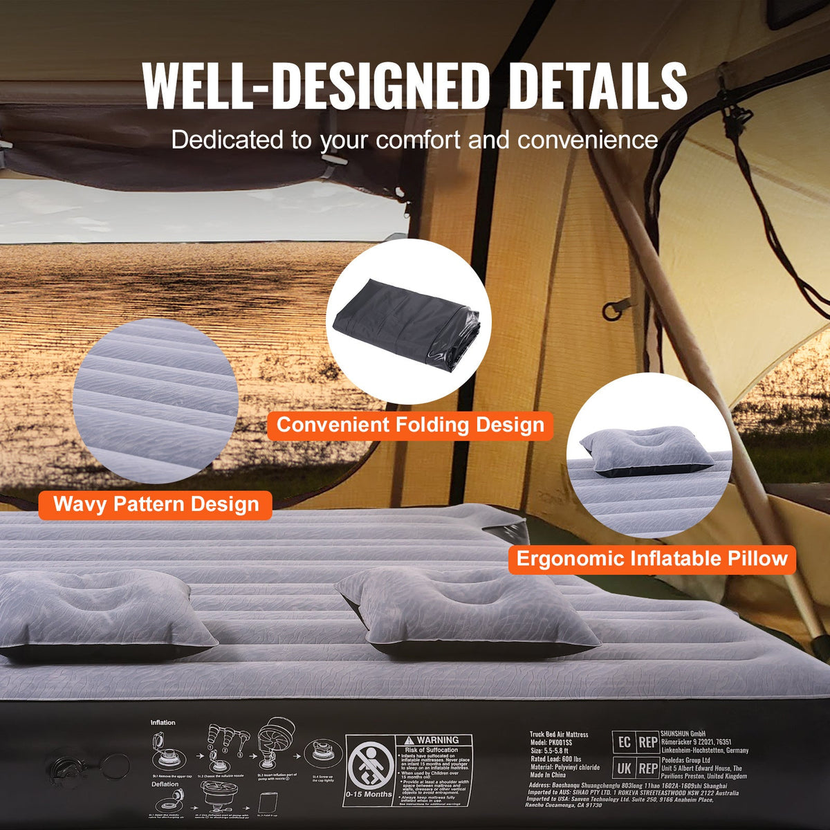 Truck Bed Air Mattress for 6–6.5 ft Trucks – Inflatable Camping Mattress 600LBS Capacity, Fits Silverado, RAM, F-Series, Sierra, Titan & Tundra, with Pump