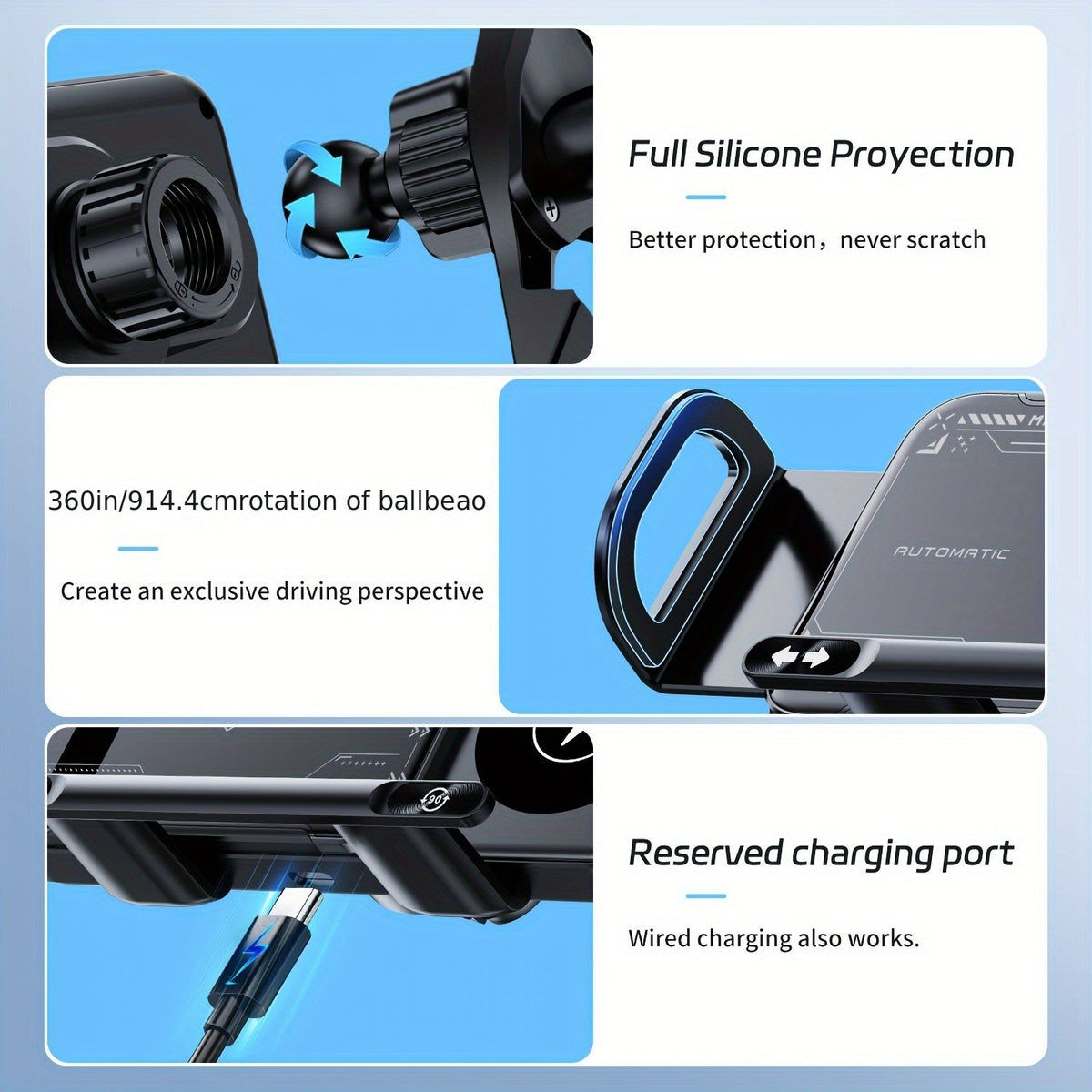 15W Wireless Car Charger Mount, Auto-Clamping, Electric Rotation, Fast Charging for iPhone 16/15/14/13/12 & Samsung Z Fold6/5/4, 4.3"-6.9" Phones