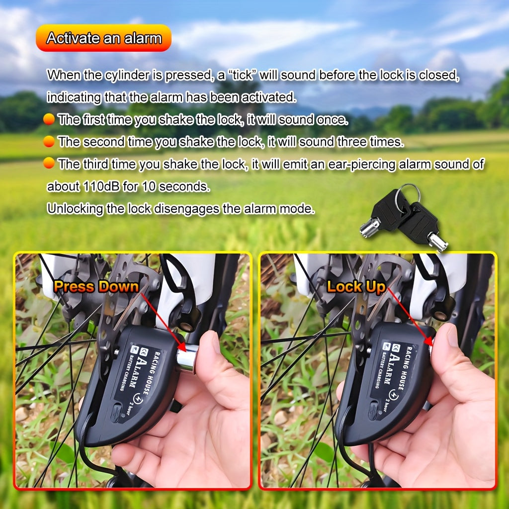 Motorcycle Disc Brake Lock 120dB Alarm Anti-Theft Security Lock with 500mAh Rechargeable Battery USB Charging Cable Reminder Rope for Motorbike Scooter ATV 4 Colors