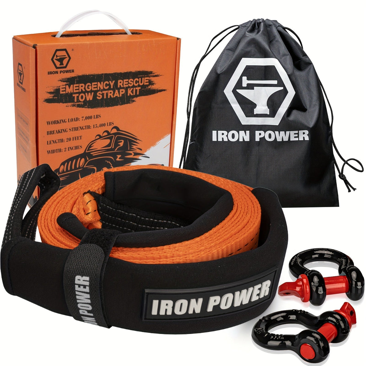 Tow Strap Kit 2" x 20ft with D Ring Shackles – Heavy Duty Emergency Towing Rope for Truck, SUV & Off-Road Recovery, Includes 2 x 1/2" D-Ring Shackles
