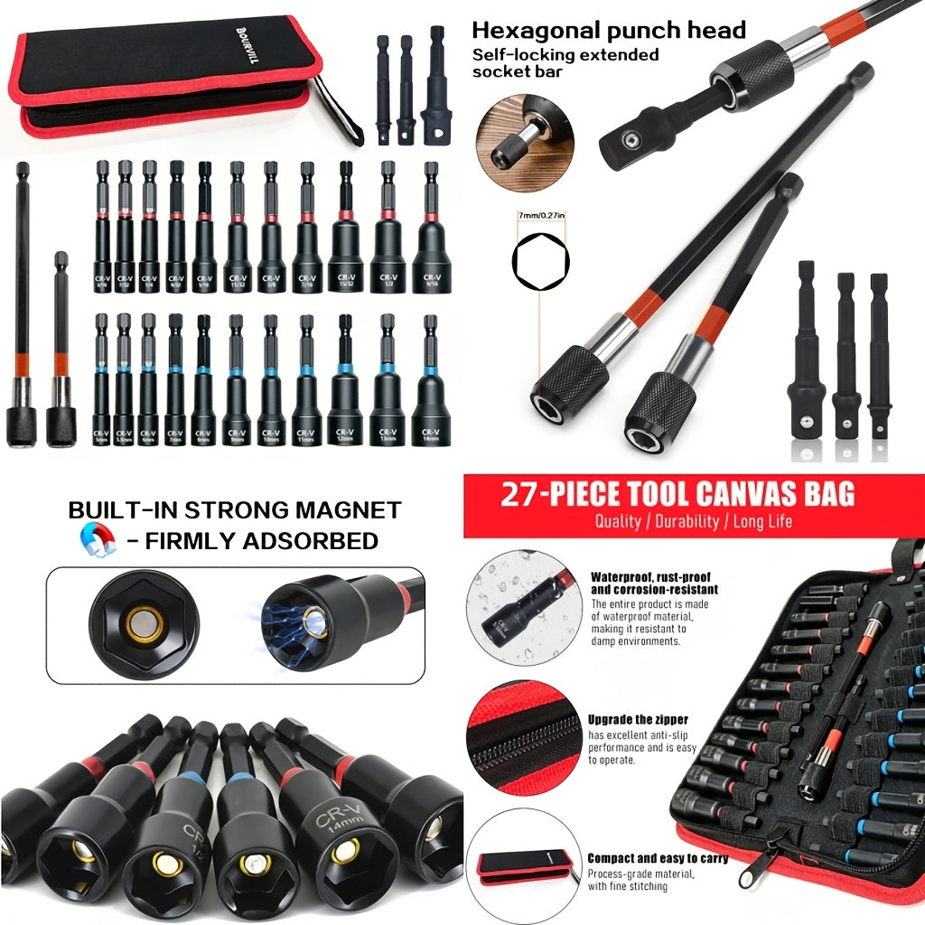 Magnetic Socket & Screwdriver Set 10-54pcs, 1/4" Hex Shank Impact Driver Bits, Chrome Vanadium Steel, SAE & Metric Nut Driver Drill Bit Kit — Canvas Bag or Red Box
