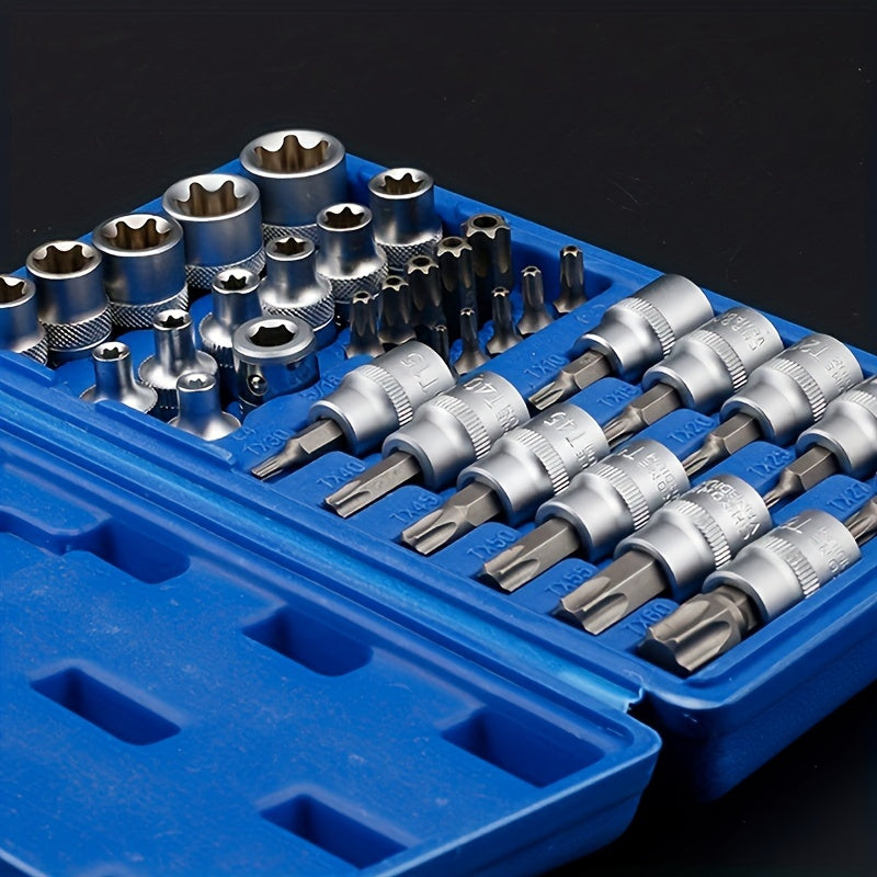 Torx Socket Set 34-Piece – Torx Bit Sockets & E-Torx Sockets for 1/4", 3/8" & 1/2" Drive, Male & Female Security Bits, Universal Fit