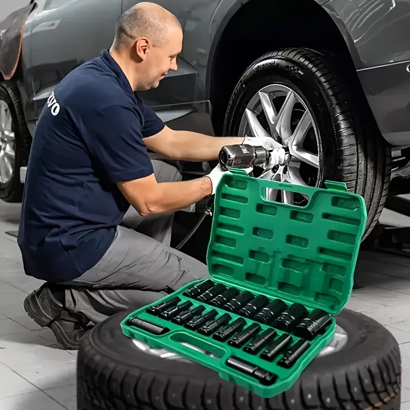 1/2-Inch Drive Deep Impact Socket Set – Chrome Vanadium Steel, Pneumatic & Electric Drill Compatible, Tire Removal & Auto Repair, with Green Storage Case (15 or 20 Piece)