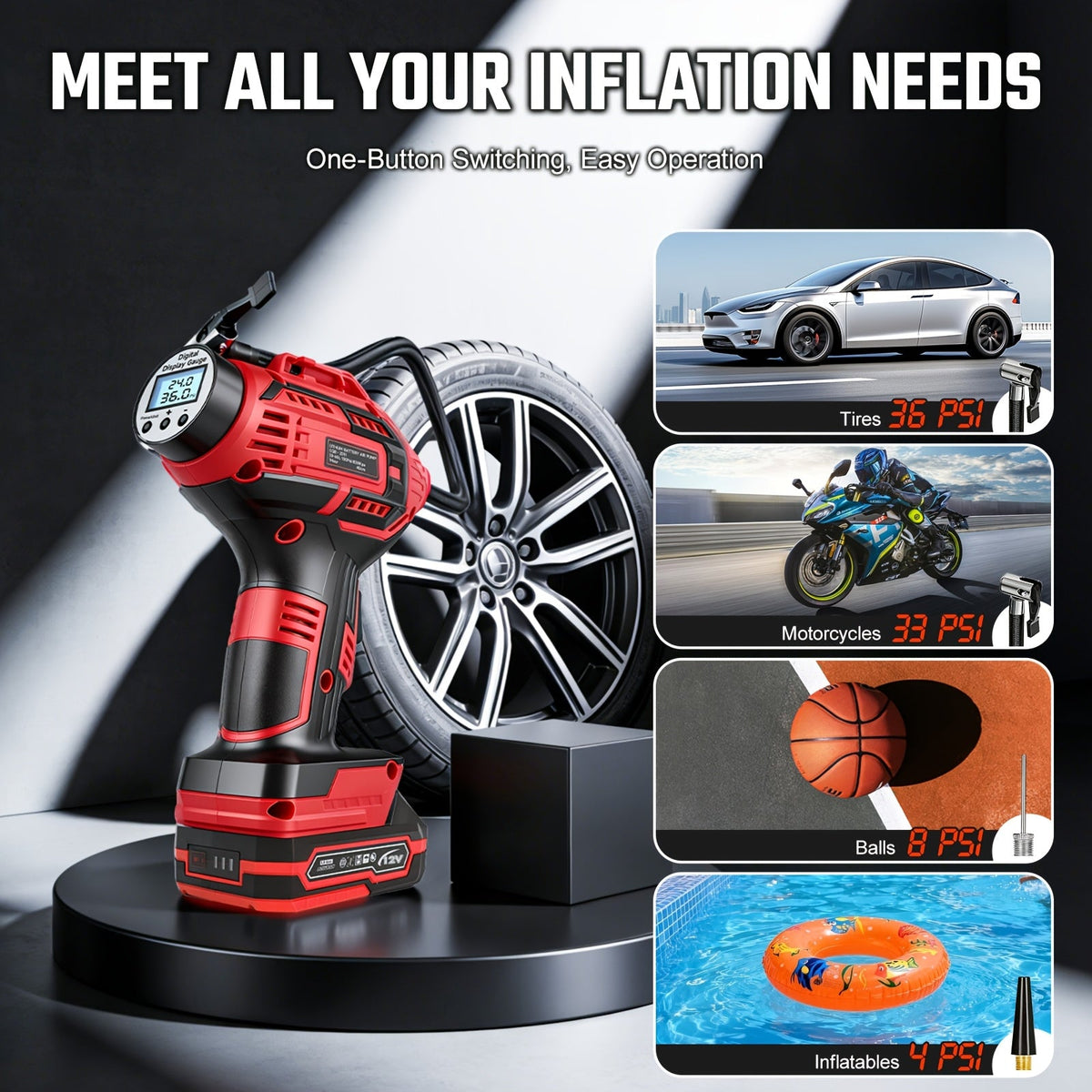 Cordless Tire Inflator 20V 980kPa – Portable Air Compressor with Digital Display, 1500mAh Battery, 12V Car Adapter & USB, for Cars Motorcycles Bicycles Balls