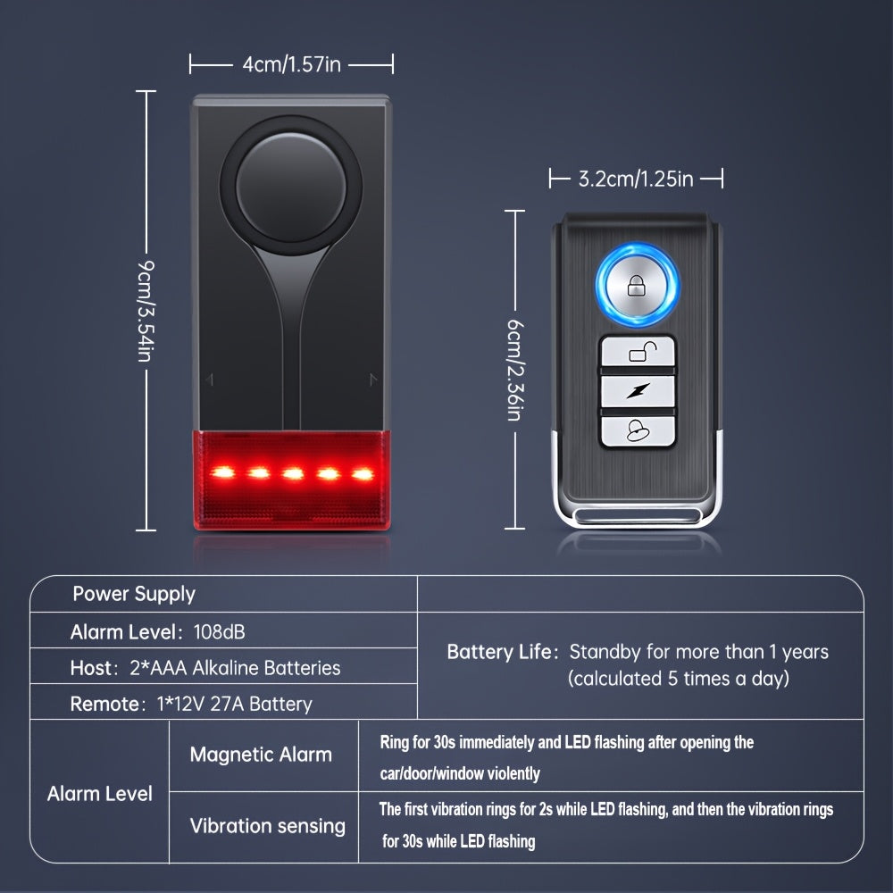 Car Vibration Alarm System 108dB – Wireless Remote Anti-Theft Sensor with LED Flashing Light, 3D Accelerometer, Magnetic Mount, Universal Vehicle Security Alert
