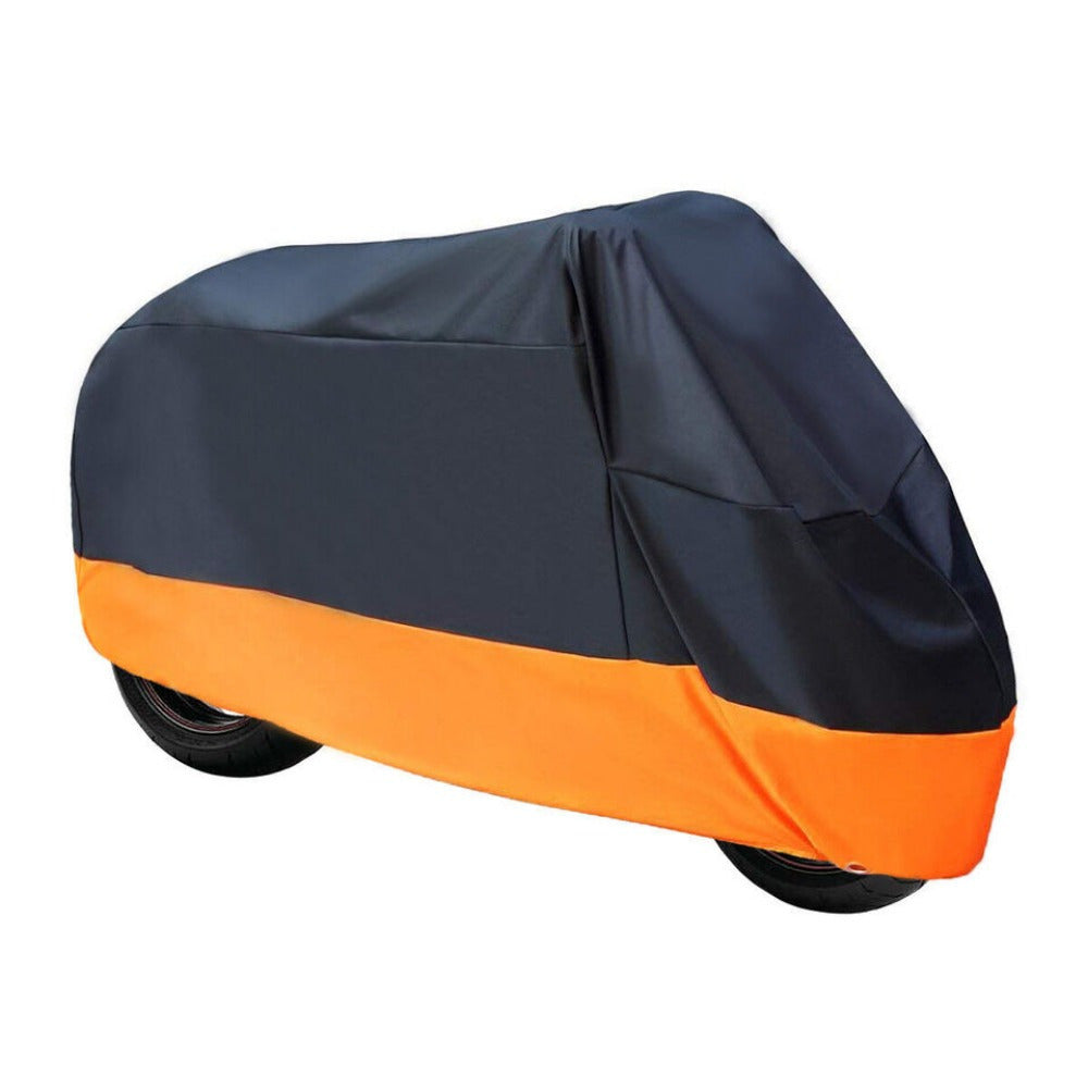 Motorcycle Cover 3XL Waterproof – 190T UV Protection, Tear-Resistant Fabric, Lock Holes, Outdoor Storage Cover with Towel | Black & Orange