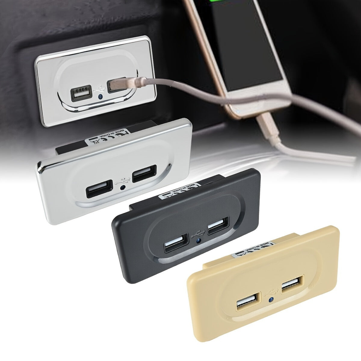 Dual USB Fast Charging Socket Panel 12V/24V – 5V 3.1A Power Outlet for Motorcycle, Car & RV | Flush Mount USB Charger | Black, Chrome, Beige