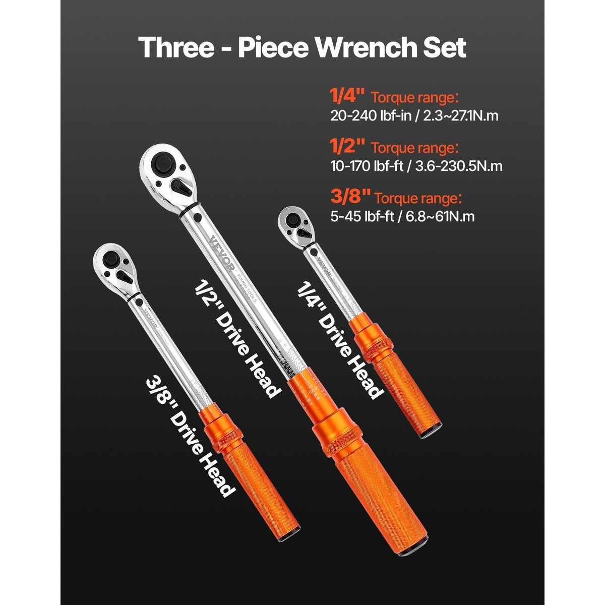 Click Torque Wrench Set 3-Piece – 1/4", 3/8" & 1/2" Drive, 72-Tooth Dual-Direction Ratchet, ±3% Accuracy, Alloy Steel with Calibration Certificate & Hard Case