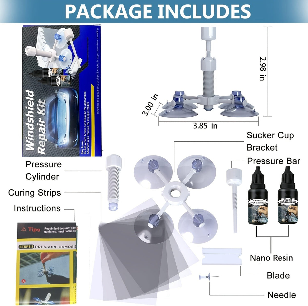 Windshield Repair Kit – DIY Chip & Crack Fix in 20 Min, Pressure Injector, Repair Fluid for Bullseye Star Half-Moon Cracks | Portable All-in-One Set