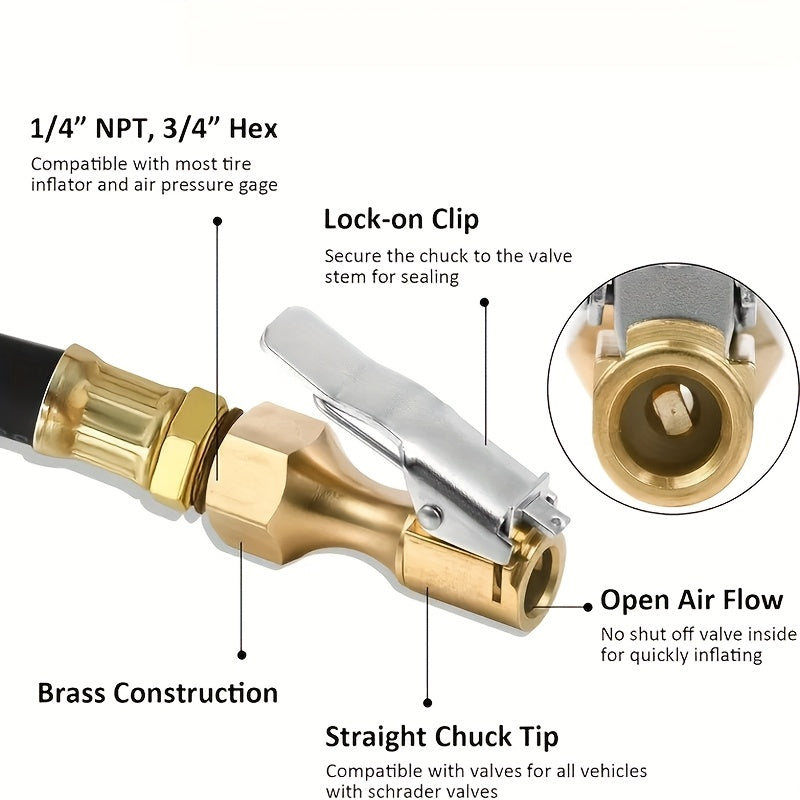Brass Air Chuck 4-Pack Lock-On with Clip – Closed Flow Universal Tire Valve Chuck for Inflator Gauge & Air Compressor, Heavy Duty Metal