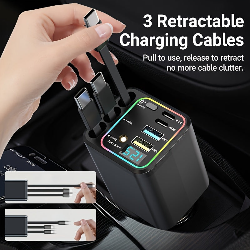 7-in-1 Car Fast Charger – 3 Retractable Cables, LED Digital Display, 180° Adjustable, USB Fast Charging for iPhone, Android & Type-C
