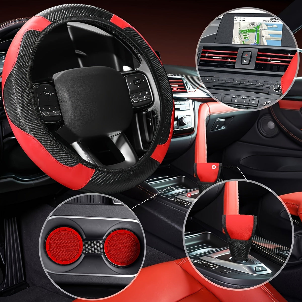 Car Steering Wheel Cover PU Carbon Fiber Interior Decorative Strip Air Vent Trim 30pcs Universal Fit for Most Vehicles Easy Install Blue Red