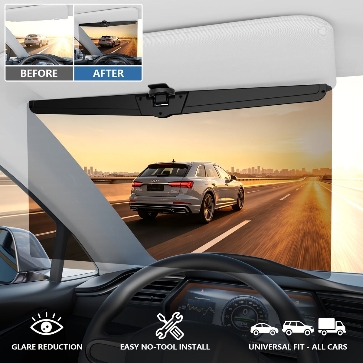 Sun Visor Extender Polarized UV400 Anti-Glare Clip-On – Adjustable Driving Glare Shield | Universal Fit Car SUV Truck Eye Protection