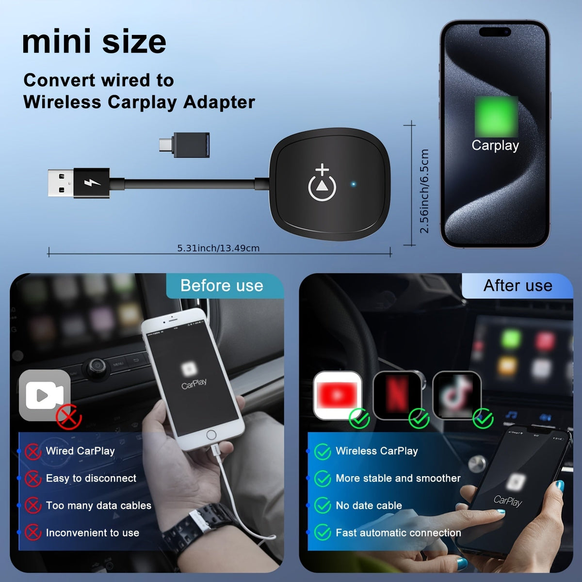 Wireless CarPlay Adapter Dual-Band 2.4G+5GHz – Netflix & YouTube Streaming | OEM Wired to Wireless | 2016+ Cars & iOS 10+