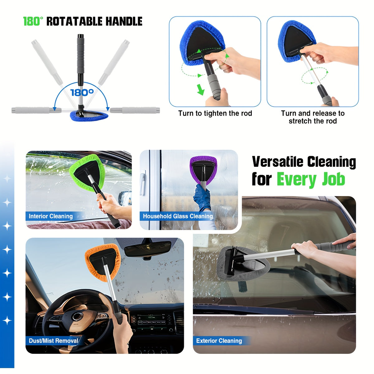 Car Windshield Cleaning Kit 10pc – Telescoping Handle, Microfiber & Chenille Covers for Interior & Exterior Glass