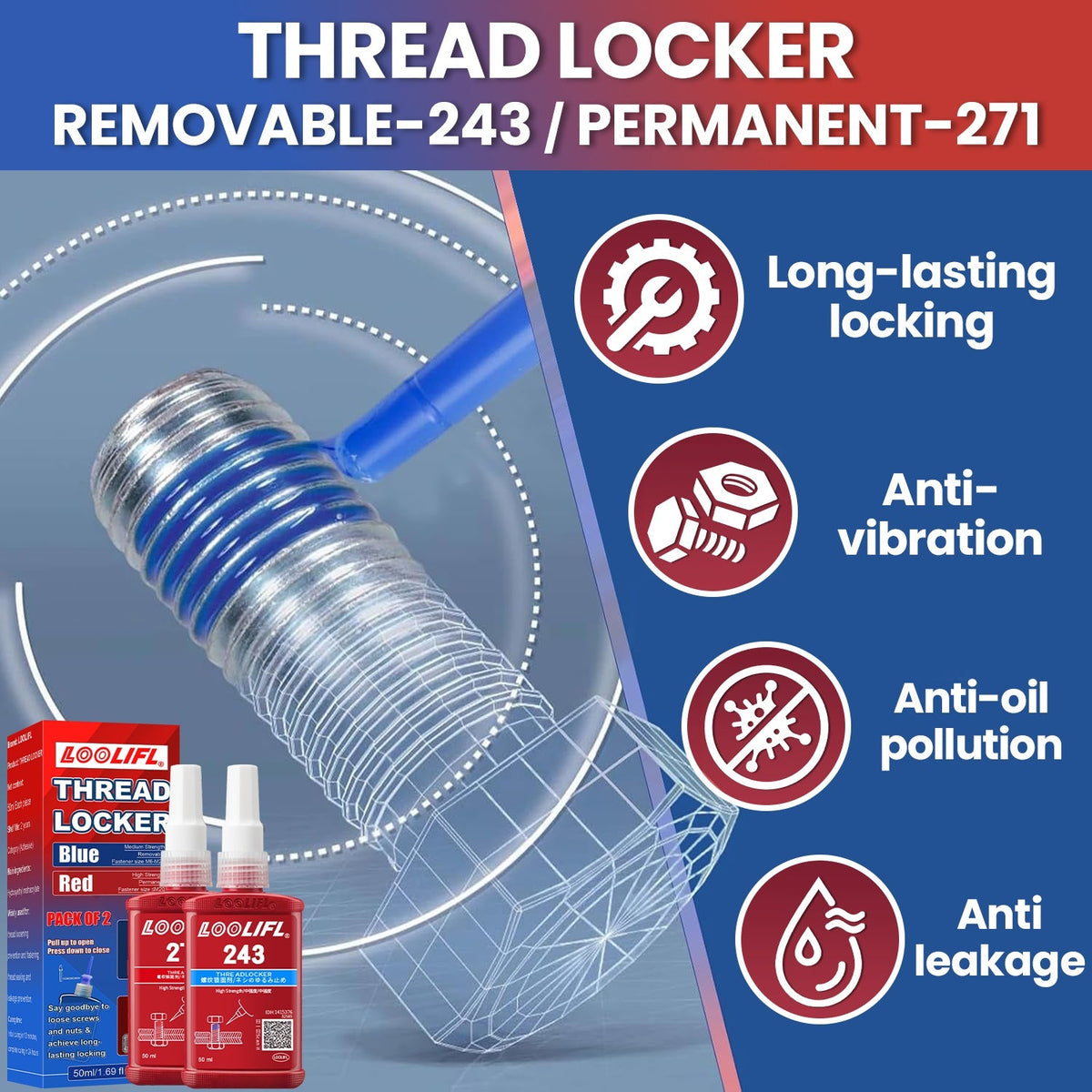 LOOLIFL Thread Sealant Threadlocker – 271 & 243 Formula | Pneumatic & Hydraulic Thread Lock for Bolts, Screws & Fittings | 4-Pack or 6-Pack