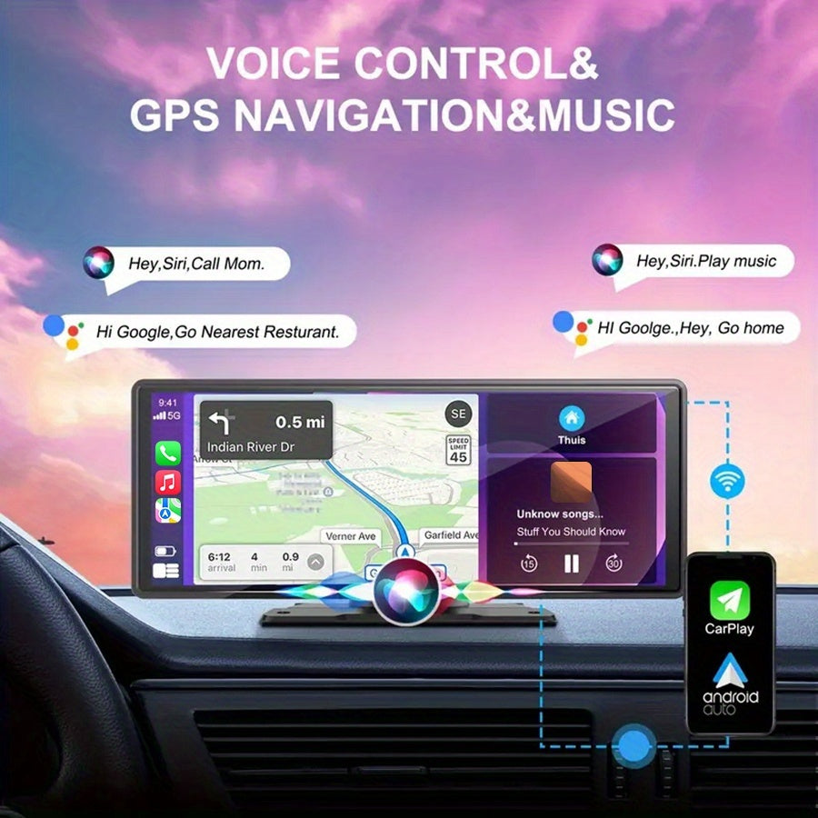 Wireless CarPlay Screen 10.26 Inch Portable Car Stereo, Touchscreen Display with Android Auto, 720P HD Backup Camera, Dash Cam & GPS Navigation, Universal Dashboard Car Radio for Trucks RVs