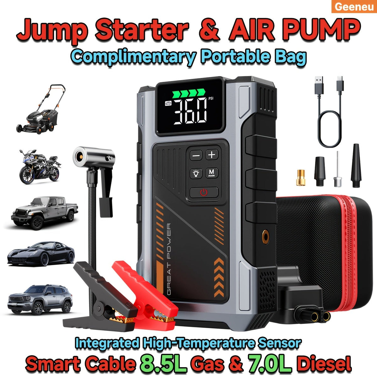 Car Jump Starter with Air Compressor 5000A Peak – 150 PSI Tire Inflator, 12V Battery Booster Pack, 5-in-1 Portable Jump Starter for Gas 8.0L / Diesel 6.5L, Smart Clamp Cables