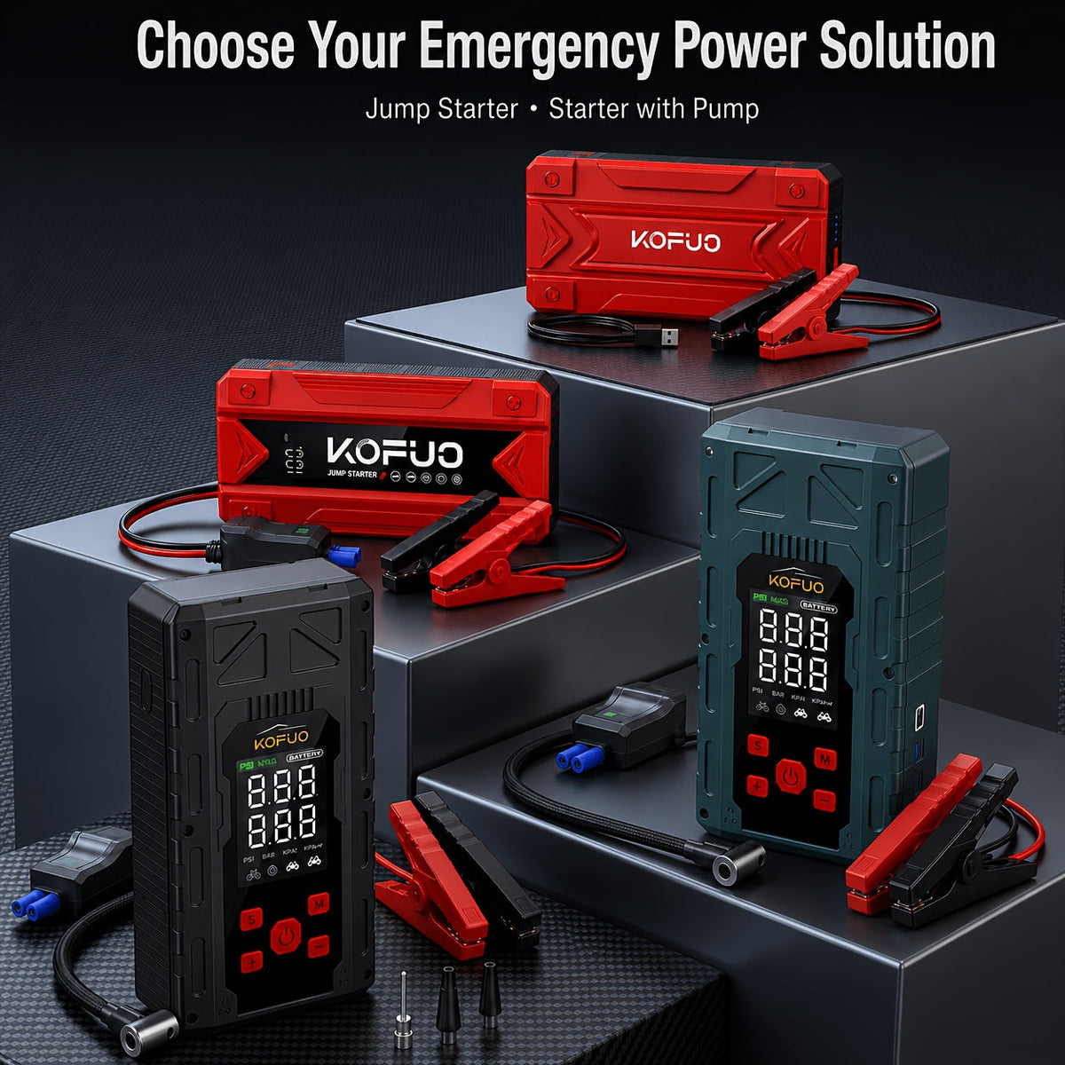 Portable Car Jump Starter 6000-20000A Peak – 7-in-1 with 150PSI Air Compressor, Power Bank, LED Light & Smart Clamp, 12V Battery Booster