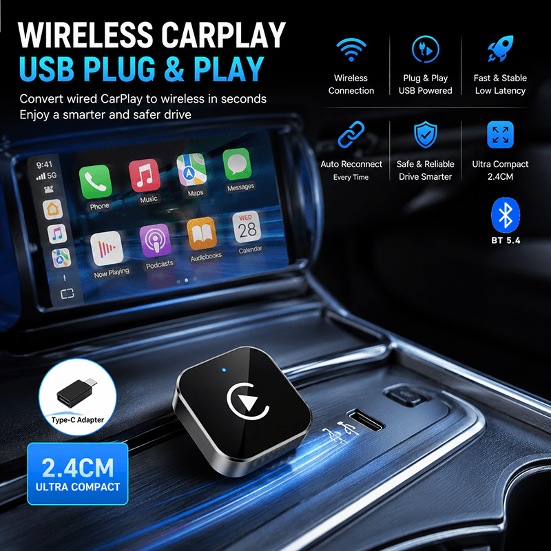 Wireless CarPlay Adapter 2-in-1 – Wired to Wireless CarPlay & Android Auto, Mini USB + Type-C, Fast Stable Connection | iOS 10+ & Android 11+