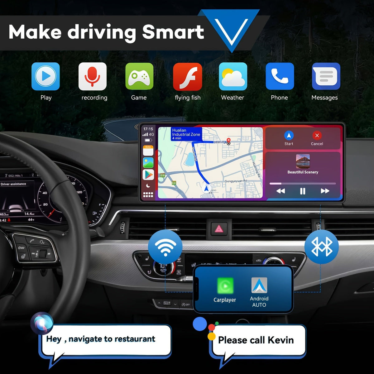 Portable Wireless CarPlay Screen 10.26" HD Touchscreen, Android Auto, Mirror Link, Backup Camera, GPS Navigation, AUX — Universal Fit