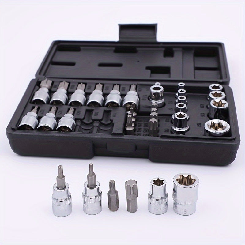 Torx Socket Set 34-Piece – Torx Bit Sockets & E-Torx Sockets for 1/4", 3/8" & 1/2" Drive, Male & Female Security Bits, Universal Fit