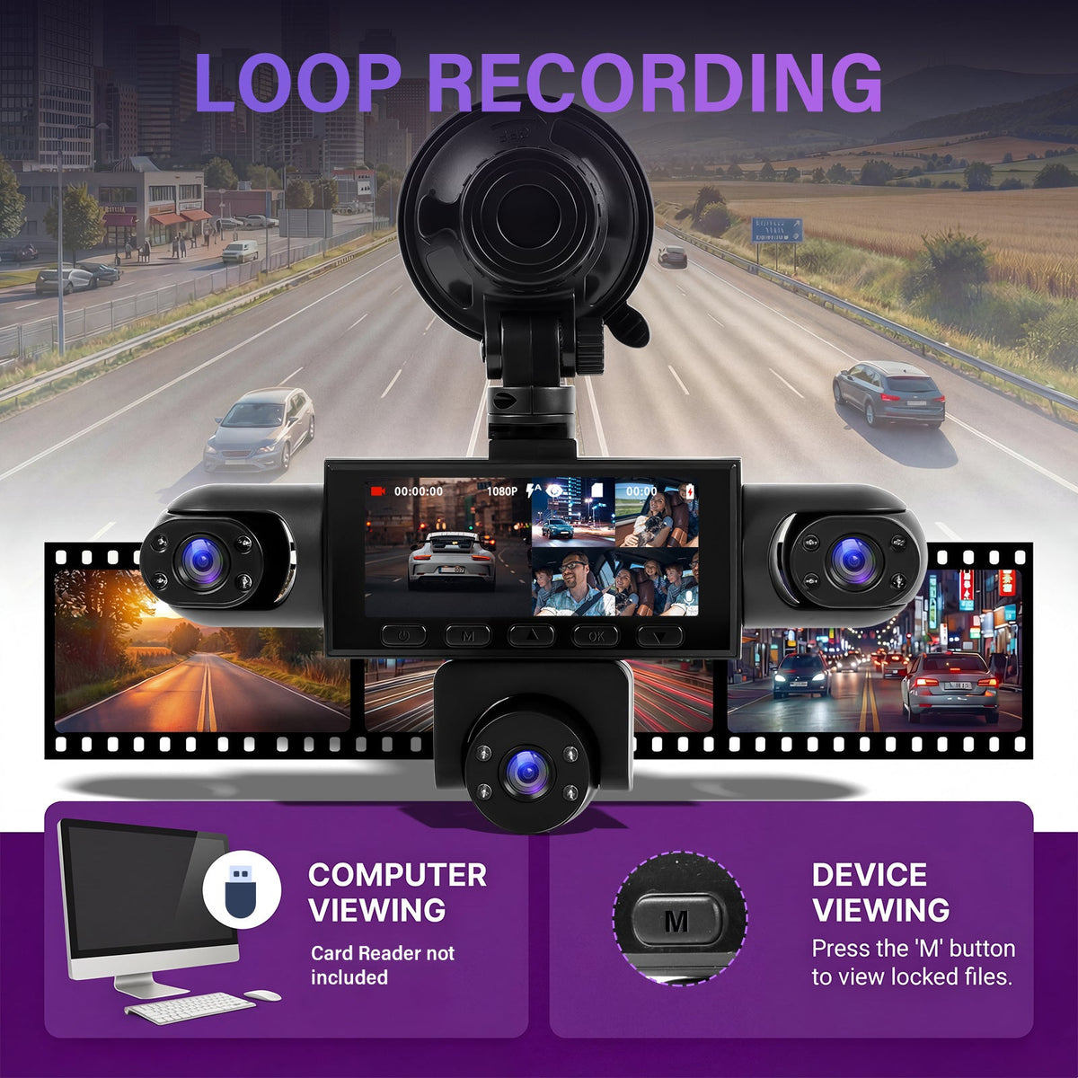 PODOFO 360° Dash Cam 5-Lens & 4-Lens 1080P, Front Rear Left Right Coverage, Loop Recording, Reverse Image, USB Powered — Optional 32G/64G Card