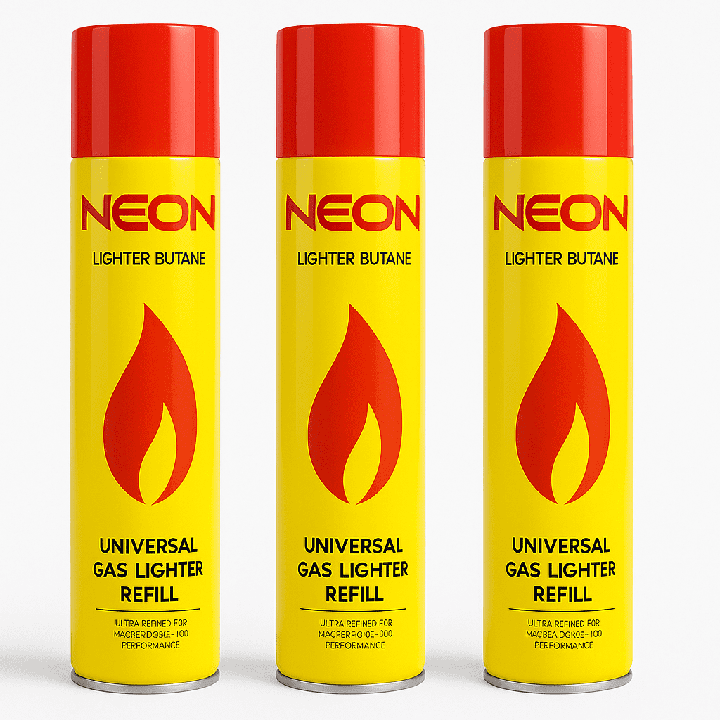 Butane Gas Refill 3-Pack 10.14 oz Ultra Refined Universal Lighter Fuel with 5 Adapter Tips for Refillable Lighters Torches Flame Tools NEON High-Performance