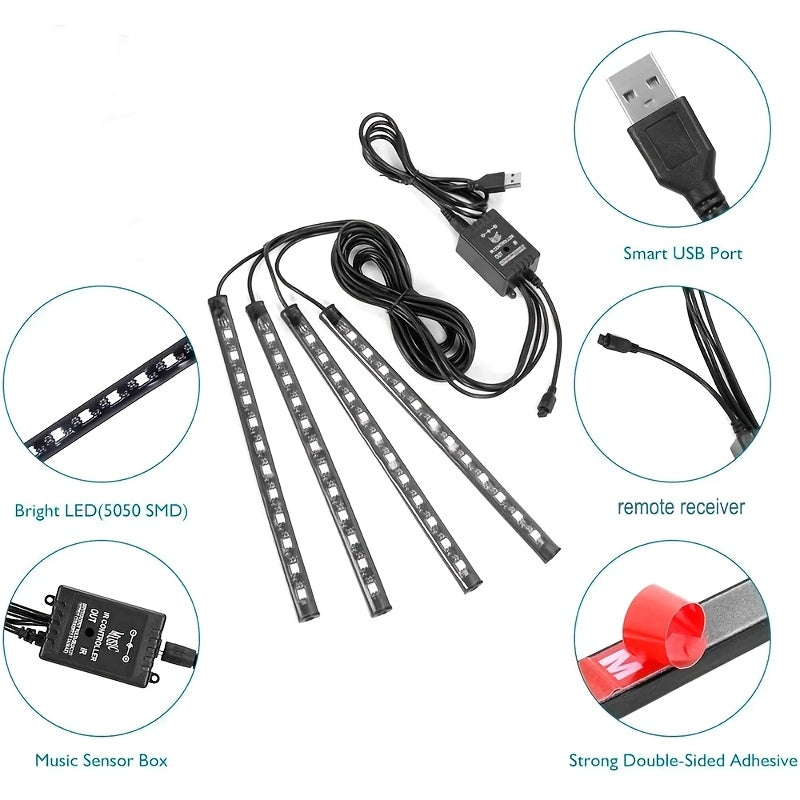 Car LED Ambient Light Strip – USB Powered Neon Footwell Interior Atmosphere Light, High Brightness, Easy Install, No Battery Required