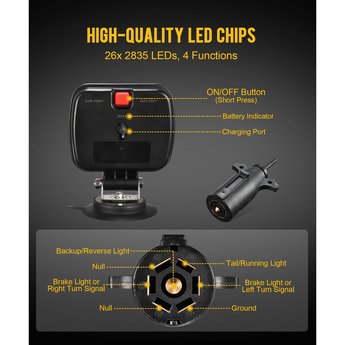 Wireless Magnetic Trailer Lights Kit 26 LED Stop Turn Brake Reverse 7-Pin Plug 12-24V IPX5 Waterproof for Trucks Trailers Towing