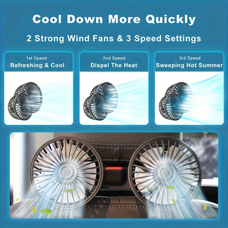 Dual Head Car Fan USB – Quiet Powerful Cooling with 70-Inch Cord | Foldable Design for Car, Home & Office