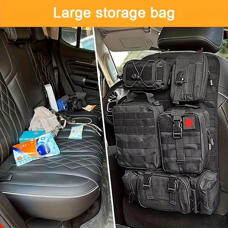 MOLLE Tactical Car Seat Organizer Pouch 6pcs Set Heavy Duty Nylon Adjustable Seat Back Storage for Jeep Truck SUV Gear First Aid Tools EDC Black
