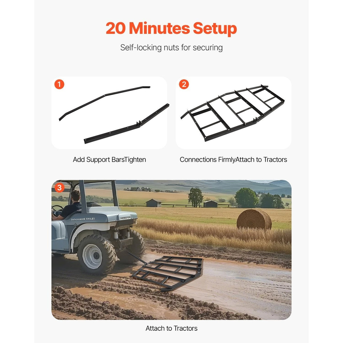 Tow Behind Drag Harrow 66"/74"/84" – Heavy-Duty Q235 Steel ATV UTV Tractor Pull Behind Rake for Gravel Driveway Lawn Arena Leveling
