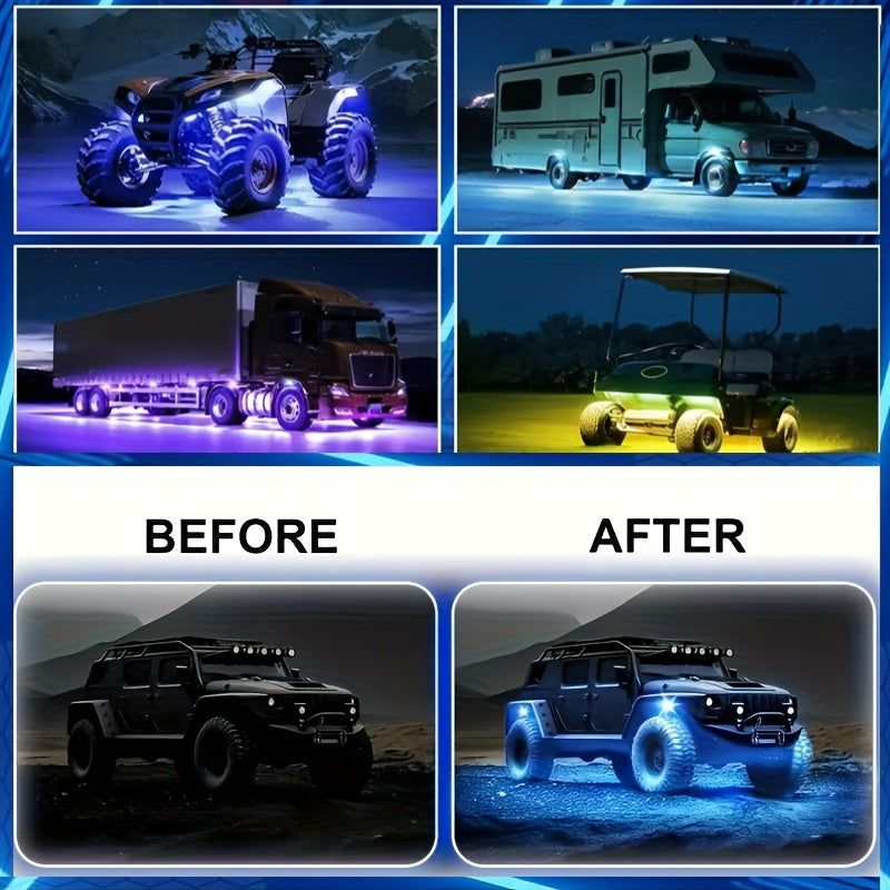 RGB LED Rock Lights 8pc or 4pc | 15 LED Per Pod App & Music Mode Underglow Kit for Trucks Jeeps UTVs SUVs Golf Carts 12V