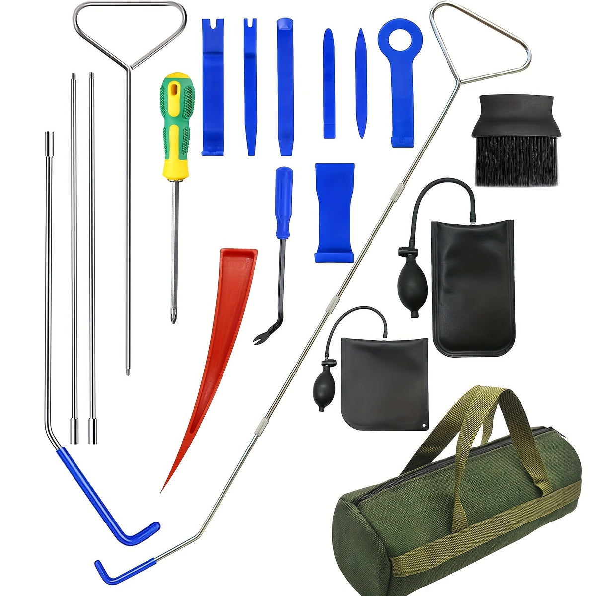 Car Lockout Kit Door Opener Tool Set T002, Portable Emergency Car Unlocking Kit with Carrying Bag for Auto Locksmith & Roadside Use — Standard & Blue