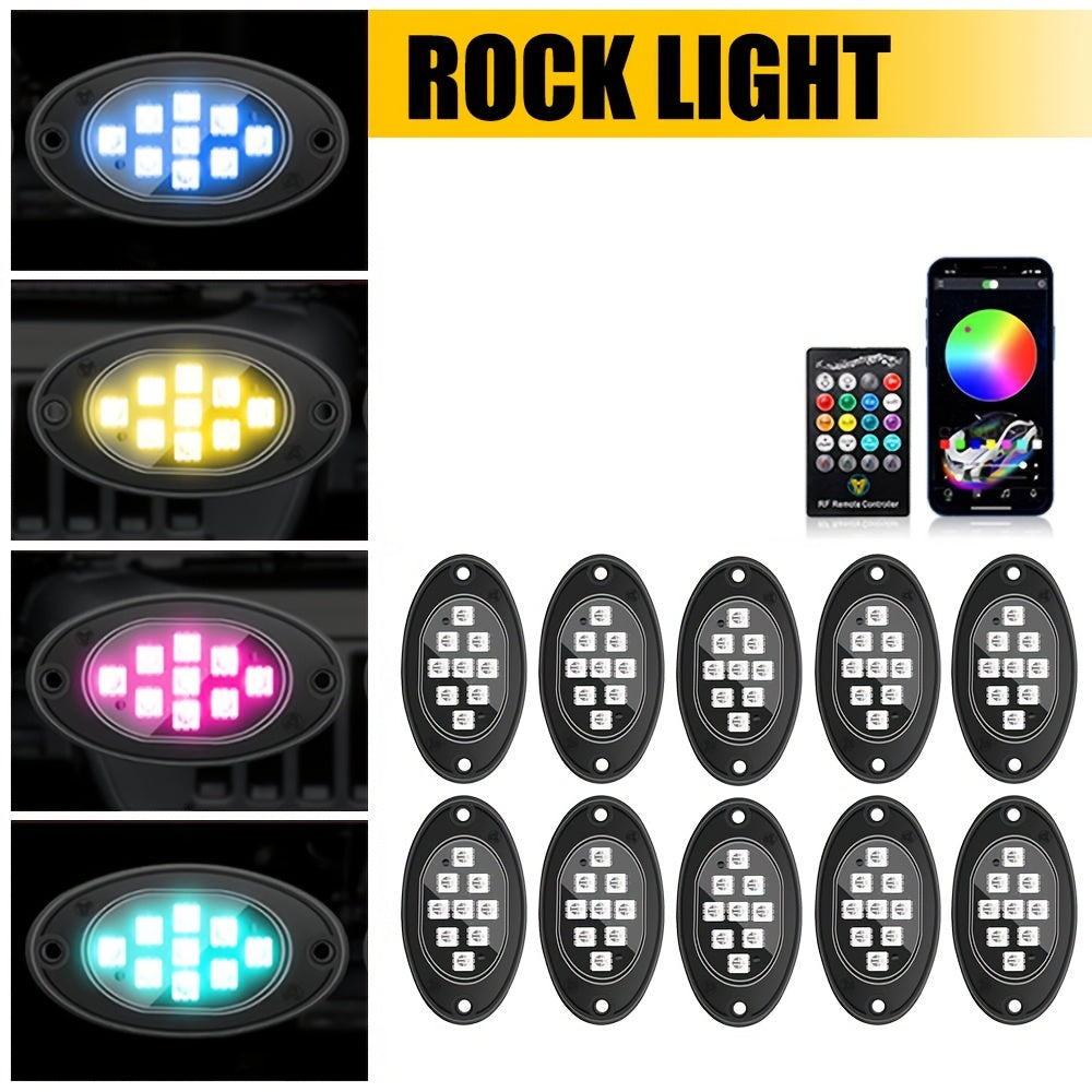 RGB LED Rock Light Kit 10-Piece – Multicolor Underglow Lights with APP & Remote Control, Music Mode, for Jeep UTV ATV SUV Offroad