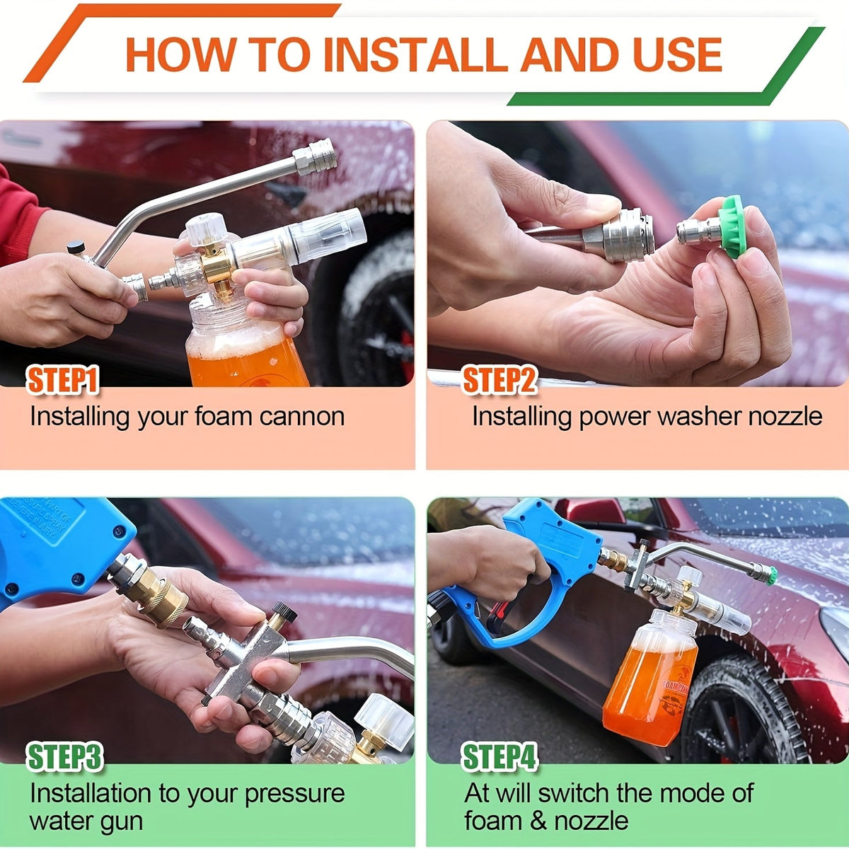 Pressure Washer Foam Cannon Kit 9-Piece – 5000 PSI Dual Connector | 5 Nozzle Tips & 1/4" Quick Connect | Car Wash Soap Sprayer